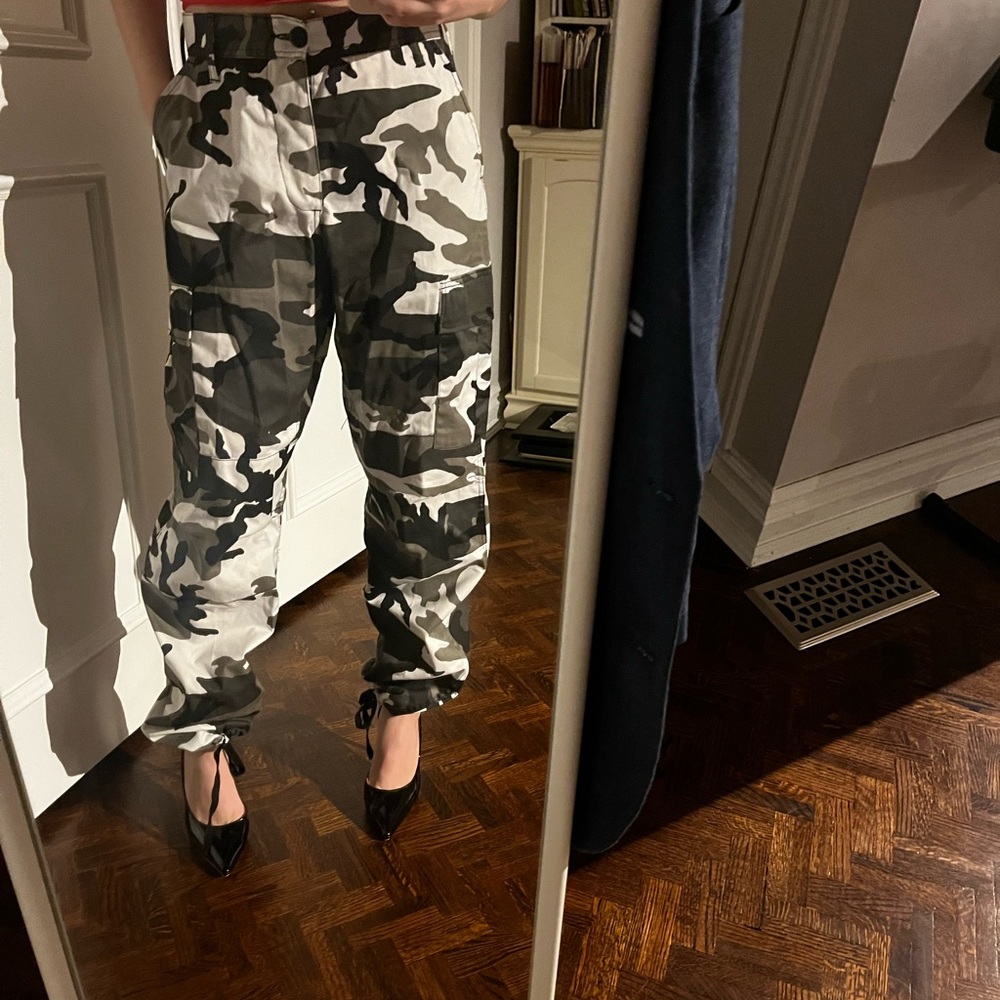Black and Gray Track Pants with Camouflage Design